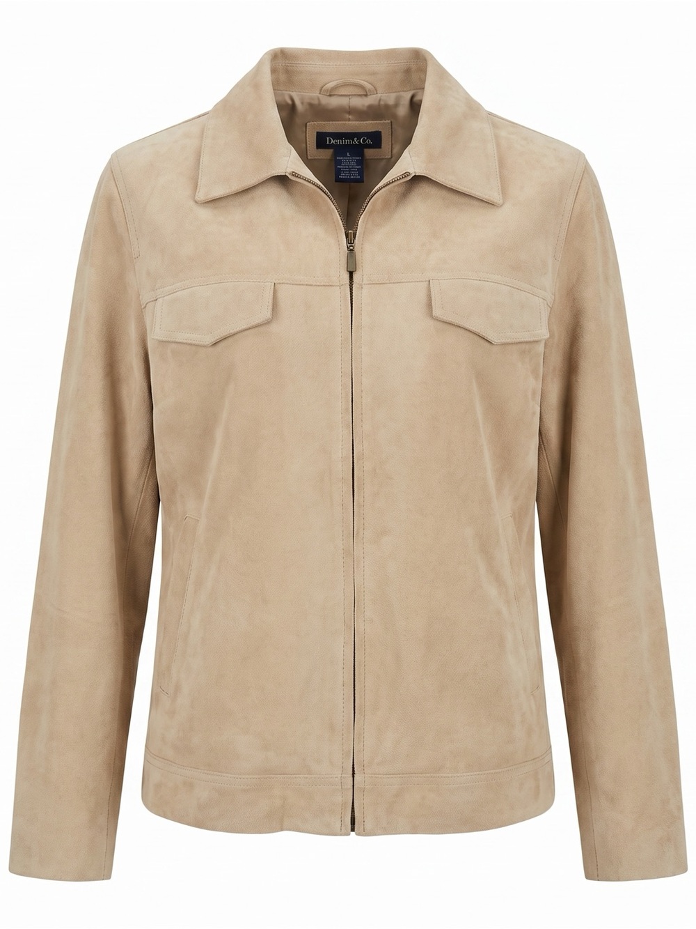 Denim & Co. GenuineLeather Zip Front Seamed Jacket with Pockets. Stone Khaki. 1X